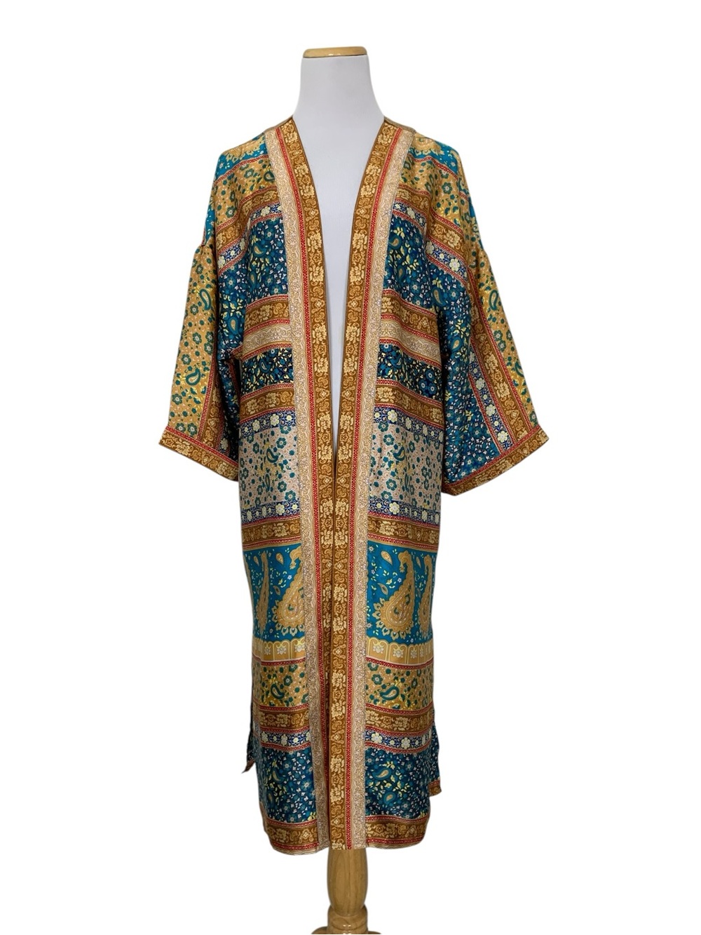 DR2 Floral Paisley Kimono Open Front Cardigan Womens S/M Boho Satin Duster